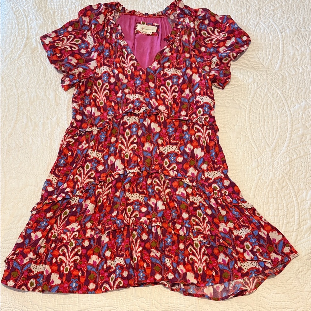 Anthropologie Pink Red Blue Floral Tiered V-Neck Dress